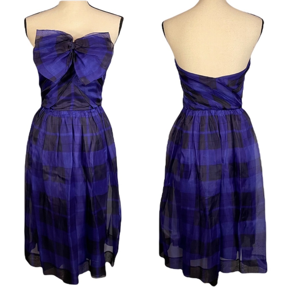 Vintage Albert Nipon Boutique 100% Silk Purple Plaid Bow Strapless Dress Size 6